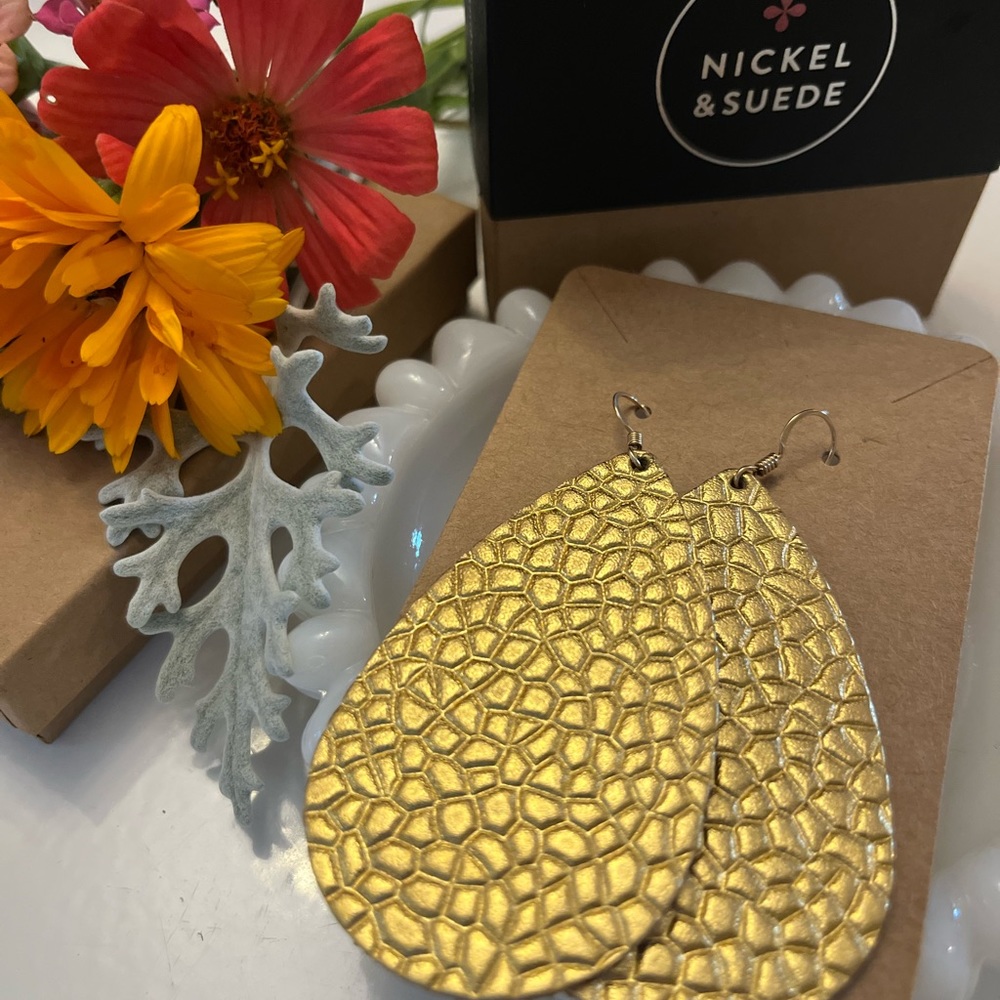 Nickel + Suede Hammered Gold Medium Tear Drops.